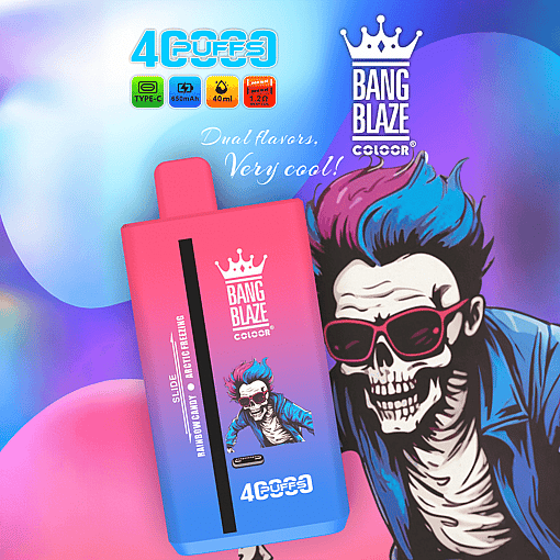 Gradient pink to blue device with BANG BLAZE COLOR branding and a stylized figure with two-tone purple and blue hair in the background, surrounded by symbols indicating Type-C charging, 650mAh battery, 40ml capacity, and 1.2Ω mesh coil; text reads 'Dual flavors, Very cool!' and 'Rainbow Candy Arctic Freezing.'