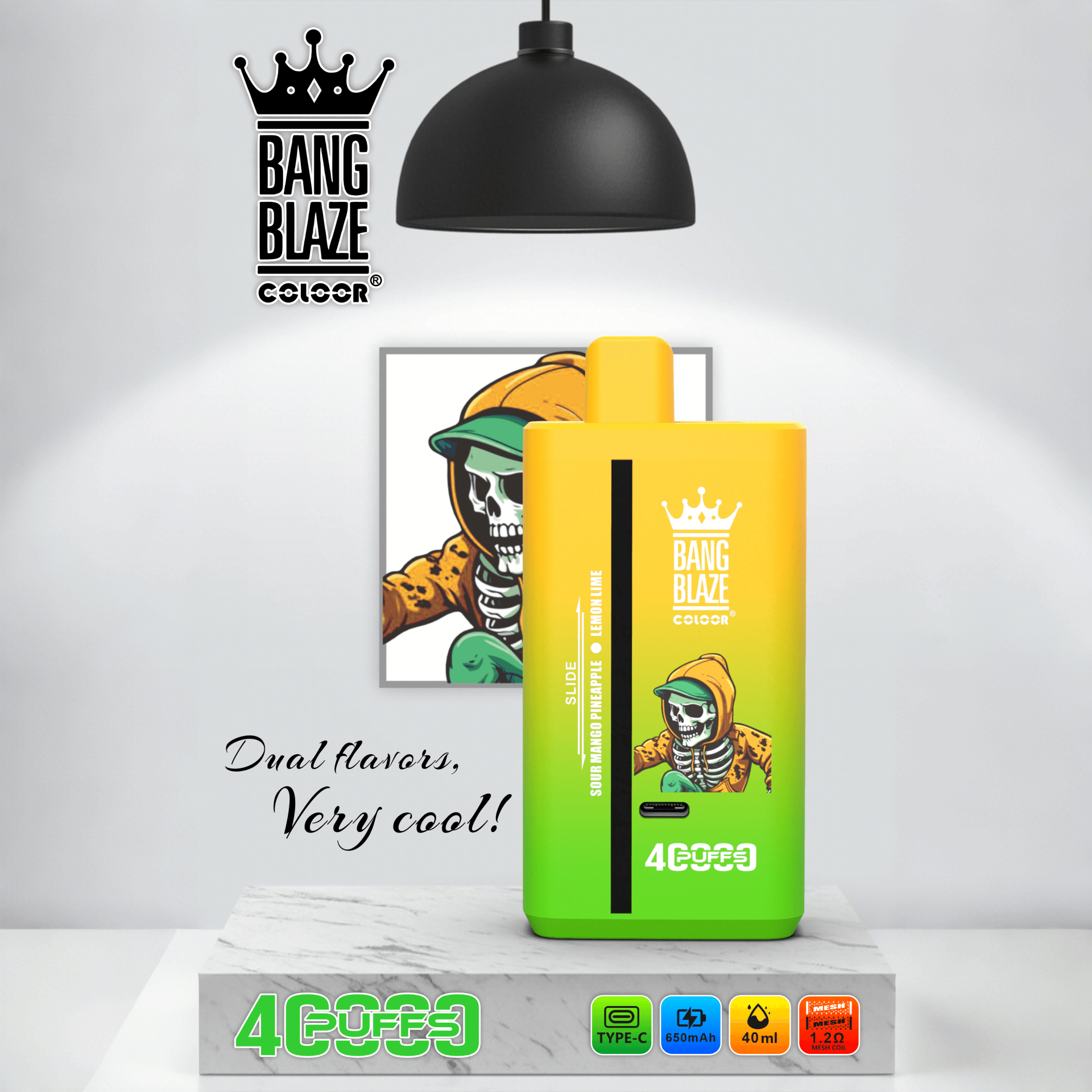 Bang Blaze Color disposable vape device in yellow and green with skeleton in hoodie design, displayed on a marble pedestal under a black hanging lamp, branded with dual flavors label and puff count.