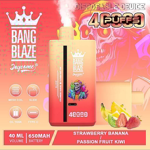 Disposable Bang Blaze Joycome vaping device with 4000 puffs capacity in strawberry banana passion fruit kiwi flavor, shown alongside illustrated fruit and colorful skull design background