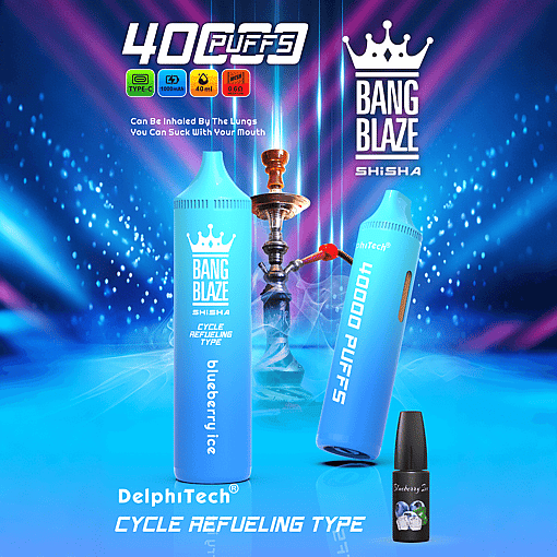 Two blue Bang Blaze Shisha cycle refueling type devices labeled blueberry ice with 4000 puffs capacity, placed in front of a traditional hookah on a blue and purple stage with light effects, alongside a small blueberry flavor bottle and icons indicating Type-C charging, 1000mAh battery, 40ml capacity, and 0.6 ohm mesh coil.