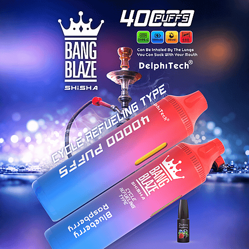 Two gradient blue to red disposable vape devices labeled Bang Blaze Shisha with 40,000 puffs and cycle refueling type, set against a blurred background featuring a traditional hookah and water reflections, highlighting features like Type-C charging, 1000mAh battery, 40ml capacity, and 0.6Ω mesh coil.