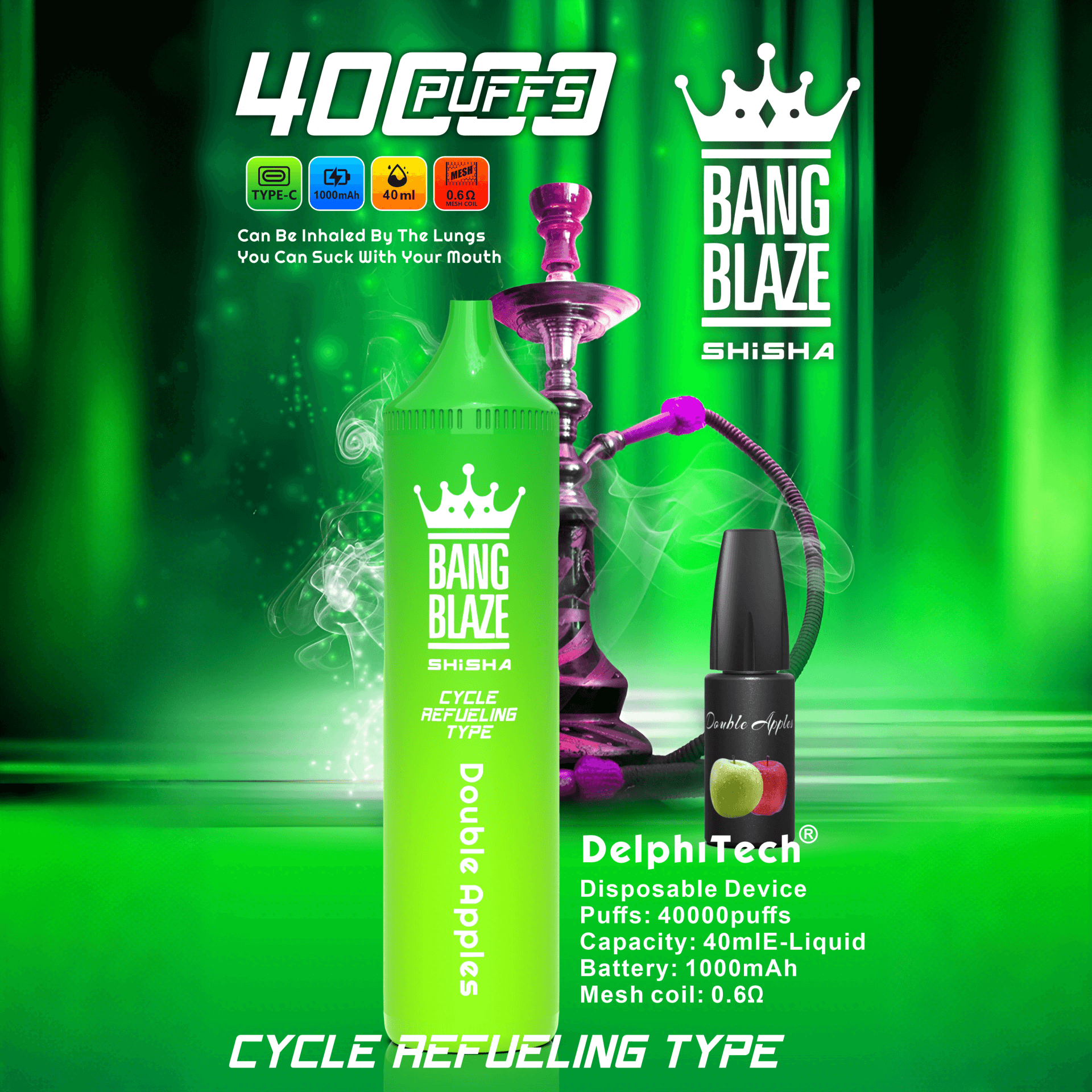 Green Bang Blaze shisha cycle refueling type bottle labeled Double Apples with a black disposable DelphiTech device, set against a smoky green background featuring a purple hookah and product specifications including 400 puffs, 40ml capacity, 1000mAh battery, and 0.6 ohm mesh coil.