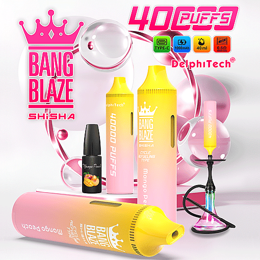 A pink and yellow gradient disposable vape device labeled Bang Blaze Shisha with mango peach flavor, shown standing upright, lying down, and connected to a colorful hookah; a small bottle of mango peach flavor e-liquid is beside the vapes, and text highlights 40,000 puffs, 40 puffs, and technical specs like Type-C charging, 1000mAh battery, 40ml capacity, and 0.6Ω mesh coil