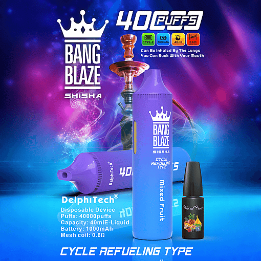 Blue Bang Blaze Shisha disposable vape device labeled 'Mixed Fruit' standing in front of a traditional hookah pipe, with another purple device lying beside it, set against a purple and blue smoky background, highlighting features like 40 puffs, 40ml e-liquid capacity, 1000mAh battery, and mesh coil technology.