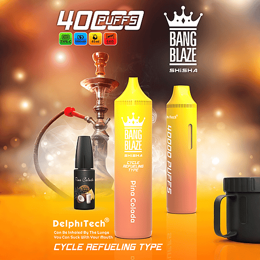 Two yellow-to-orange gradient disposable vape devices labeled Bang Blaze Shisha Pina Colada with 40,000 puffs, alongside a small black bottle with Pina Colada flavor on an orange surface, with a hookah in the smoky background and informational icons about battery and mesh coil.