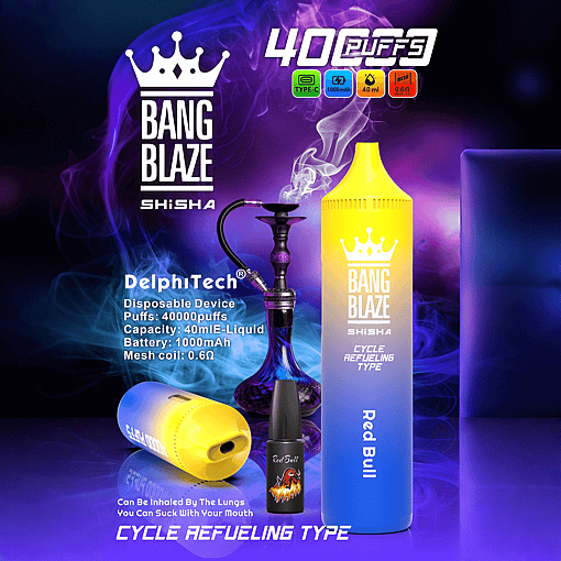 Bang Blaze Shisha disposable vape device with purple and blue gradient design and yellow cap next to a traditional hookah emitting smoke, featuring text detailing features like 40000 puffs, 40ml e-liquid capacity, 1000mAh battery, and 0.6 ohm mesh coil, with product branding and specifications on a dark blue and purple smoky background.