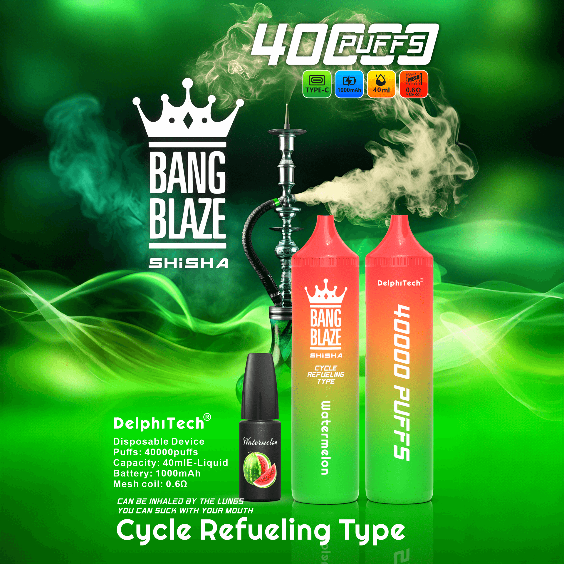 Bang Blaze Shisha disposable device with watermelon flavor, featuring 40,000 puffs capacity, 40 ml e-liquid, 1000mAh battery, and 0.6 ohm mesh coil, shown with green smoke and a hookah on a green background.