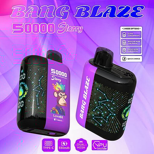 Two black and purple Bang Blaze 5000 Starry vaping devices with constellation patterns and a cartoon monkey with colorful hair on one device, displayed against a purple and pink abstract background with text highlighting three mode options and quick charge feature.
