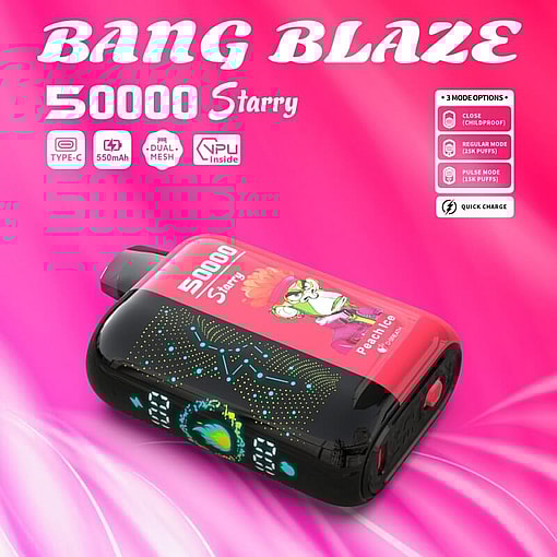 Bang Blaze 50000 Starry Peach Ice disposable vape device with red and black body and digital display on the side, advertised with Type-C charging, 550mAh battery, dual mesh coils, VPU inside, and three mode options including childproof close, regular mode (25K puffs), and pulse mode (15K puffs) on a pink background.