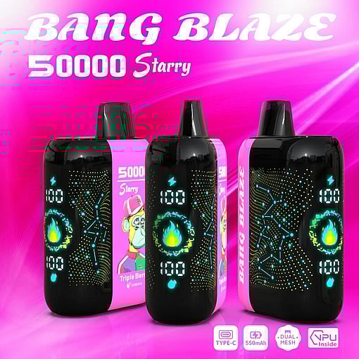 Three black Bang Blaze 50000 Starry disposable vape devices with luminous flame and constellation designs on a pink background, featuring a Triple Berry flavor label with a cartoon monkey character and device specifications including Type-C charging and 550mAh battery.