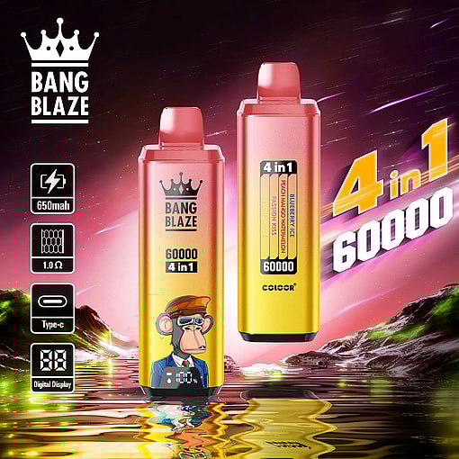 Se muestran dos dispositivos de vapeo Bang Blaze 60000 con degradado de amarillo a rosa con opciones de sabor 4 en 1, uno frontal que muestra una pantalla digital y un gráfico de mono, uno posterior que muestra la lista de sabores, sobre un fondo cósmico rosa y morado con reflejos de agua e íconos para una batería de 650 mAh, bobina de 1.0 ohm, carga tipo C y pantalla digital.