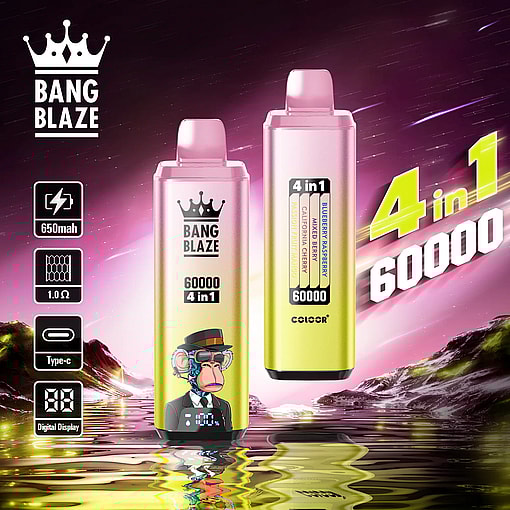 Dos dispositivos de vapeo con degradado de color rosa y amarillo etiquetados como Bang Blaze 60000 4 en 1 con un mono de dibujos animados con sombrero y gafas, rodeado de íconos que muestran una batería de 650 mAh, una resistencia de 1,0 Ω, carga tipo C y una pantalla digital, frente a un cielo estrellado violeta y un paisaje montañoso reflejado en el agua.