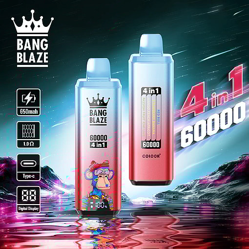 Dos dispositivos de vapeo desechables Bang Blaze 4 en 1 con un acabado degradado en rosa y azul, uno con un diseño de simio de dibujos animados y pantalla digital, el otro con cuatro sabores: Red Bull, Strawberry Banana, Mango Peach Apricot, Passion Fruit Kiwi Lime, sobre un fondo dinámico con íconos de información para batería de 650 mAh, resistencia de 1,0 ohm, carga tipo C y pantalla digital.
