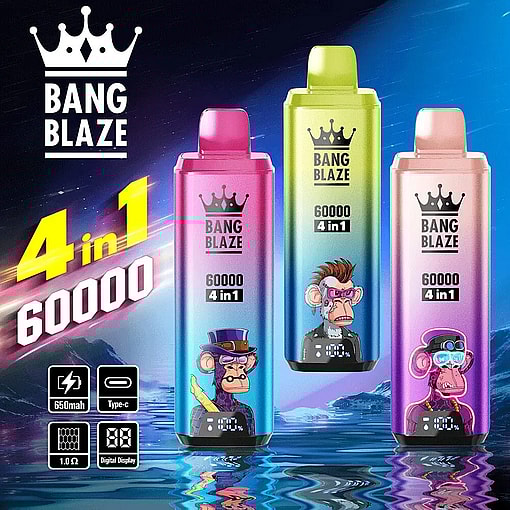 Tres coloridos dispositivos de vapeo desechables Bang Blaze 4 en 1 60000 con diseños de monos de dibujos animados sobre un fondo cósmico azul sobre un reflejo de agua, destacando las características de batería de 650 mAh, carga tipo C, resistencia de 1,0 ohm y pantalla digital.
