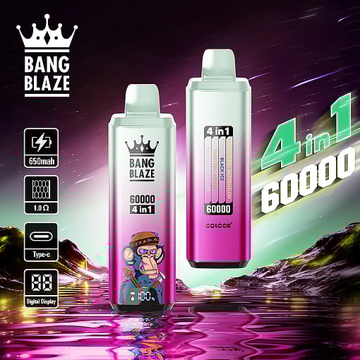 Dos dispositivos de vapeo desechables Bang Blaze 60000 4 en 1 de color rosa y plateado con pantalla digital y una ilustración de un mono en uno, que se muestra contra un cielo violeta estrellado y una superficie de agua reflectante, con especificaciones que indican batería de 650 mAh, resistencia de 1,0 ohm, carga tipo C y pantalla digital.