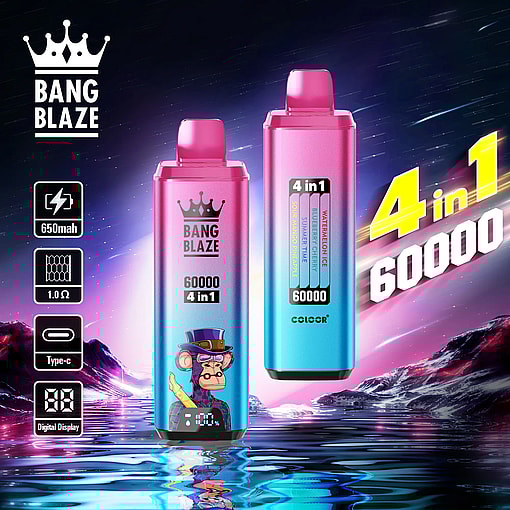 Dos dispositivos de vapeo desechables Bang Blaze 60000 4 en 1 con degradado de rosa a azul con pantalla digital y diseño de mono de dibujos animados, sobre un fondo de cielo nocturno cósmico y reflejos de agua, con íconos de características que muestran batería de 650 mAh, resistencia de 1,0 ohmios, carga tipo C y pantalla digital.