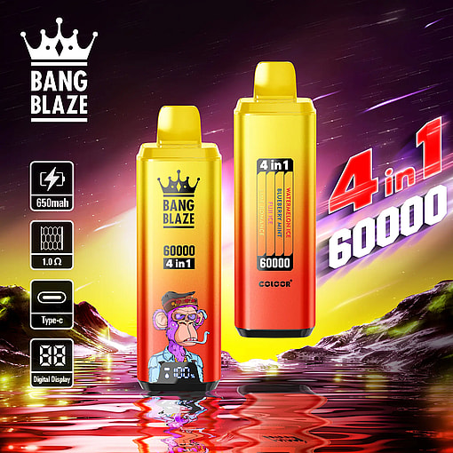 Dos dispositivos de vapeo desechables de color naranja-amarillo degradado con pantallas digitales y un gráfico de un simio fumando, presentados sobre un brillante paisaje de atardecer con agua y montañas, resaltando la marca 'BANG BLAZE 60000 4 en 1' y especificaciones que incluyen batería de 650 mAh, resistencia de 1.0 Ω, carga tipo C y cuatro opciones de sabor.