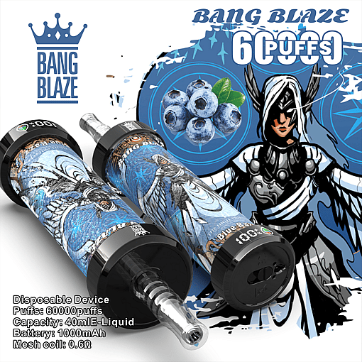 Two blue-themed disposable vape devices with angelic warrior artwork lying on a white surface, blue blueberries graphic in the background, product branding "BANG BLAZE" and details about 60000 puffs, 40ml e-liquid capacity, 1000mAh battery, and 0.6 ohm mesh coil.