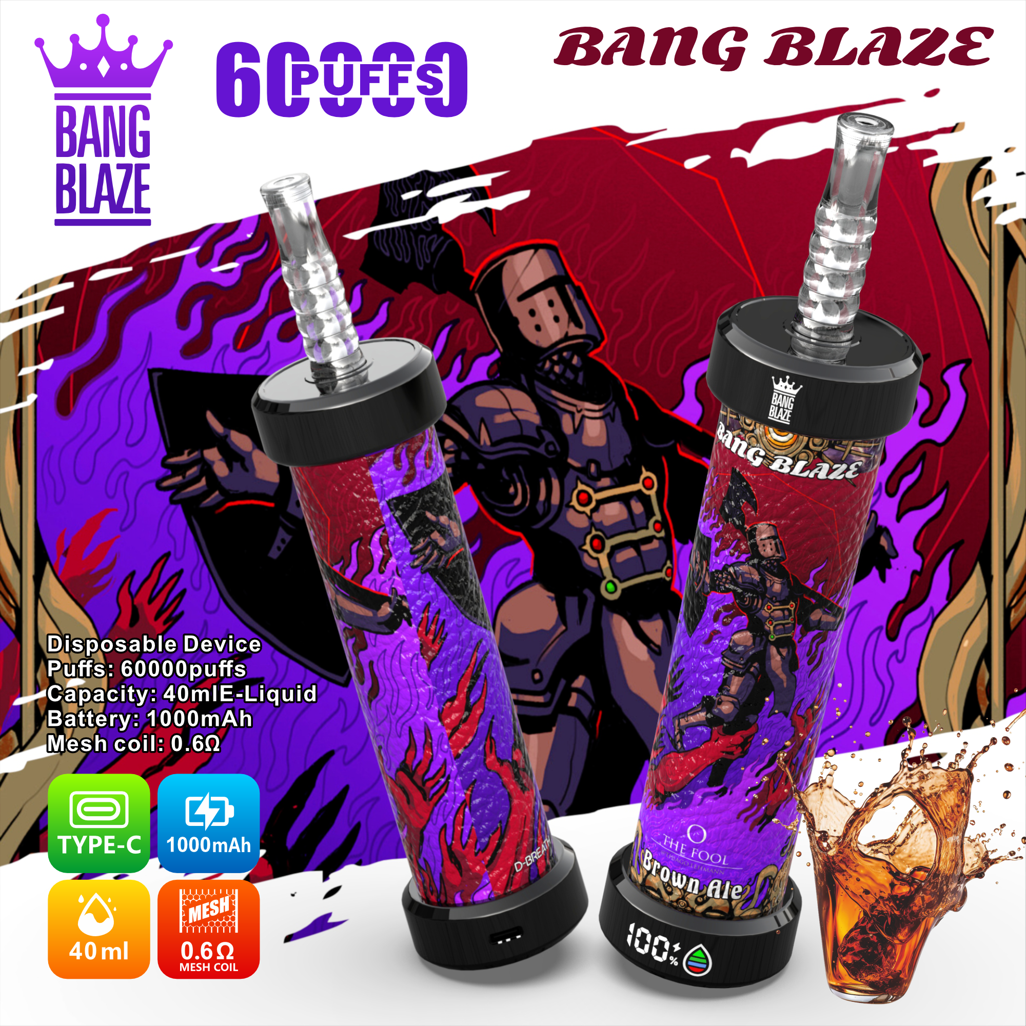 Two cylindrical Bang Blaze disposable vaping devices decorated with a red and purple armored knight graphic, displaying features such as 60000 puffs, 40ml e-liquid capacity, 1000mAh battery, mesh coil 0.6 ohm, Type-C charging, and 100 percent charge indicator, with a glass of brown ale beside them on a white background.