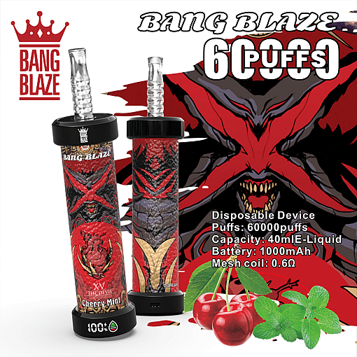 Two Bang Blaze disposable vape devices with red and black devil-themed designs, one showing a cherry and mint flavor label, surrounded by text highlighting 60000 puffs, 40ml e-liquid capacity, 1000mAh battery, and 0.6Ω mesh coil, alongside illustrations of cherries and mint leaves.