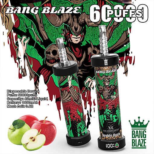 Two Bang Blaze disposable vape devices with colorful packaging featuring a horned skull figure and green and red graphics, labeled with 60,000 puffs and Double Apple flavor, alongside fresh green and red apples and product specifications on a white background.