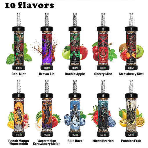 Ten Bang Blaze vape cartridges each labeled with a flavor and accompanied by corresponding fruit or mint images: Cool Mint, Brown Ale, Double Apple, Cherry Mint, Strawberry Kiwi, Peach Mango Watermelon, Watermelon Strawberry Melon, Blue Razz, Mixed Berries, and Passion Fruit.