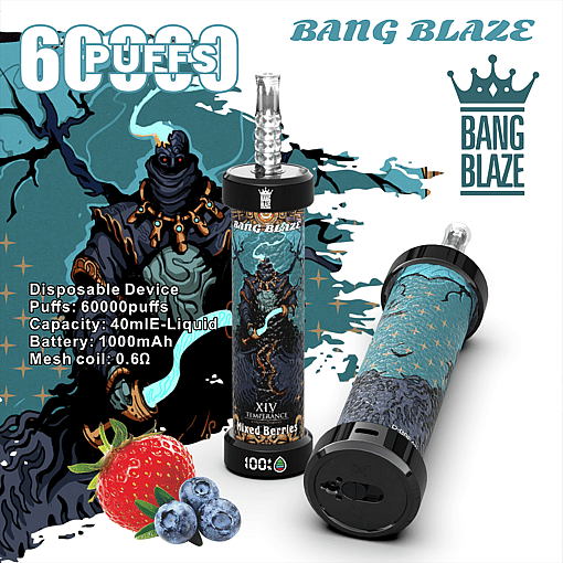 Two Bang Blaze disposable vape devices with mixed berries flavor, featuring dark fantasy-themed artwork and specifications including 60000 puffs, 40ml e-liquid capacity, 1000mAh battery, and 0.6 ohm mesh coil, alongside images of a strawberry and blueberries.