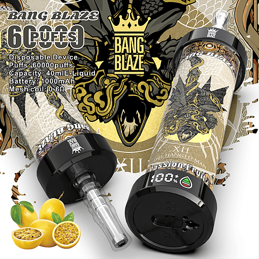 Two Bang Blaze disposable vape devices with artistic designs, labeled 60,000 puffs capacity, 40ml e-liquid, 1000mAh battery, and 0.6 ohm mesh coil, alongside a few passion fruits with one cut open showing seeds.