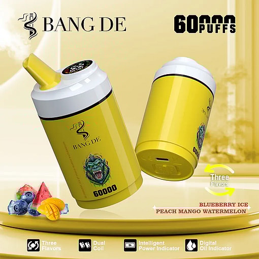 Two yellow Bang De disposable vape devices with a gorilla face logo, advertising 60,000 puffs and three flavors: blueberry ice, peach mango, and watermelon, shown with corresponding fruit images and icons for dual coil, intelligent power indicator, and digital oil indicator.