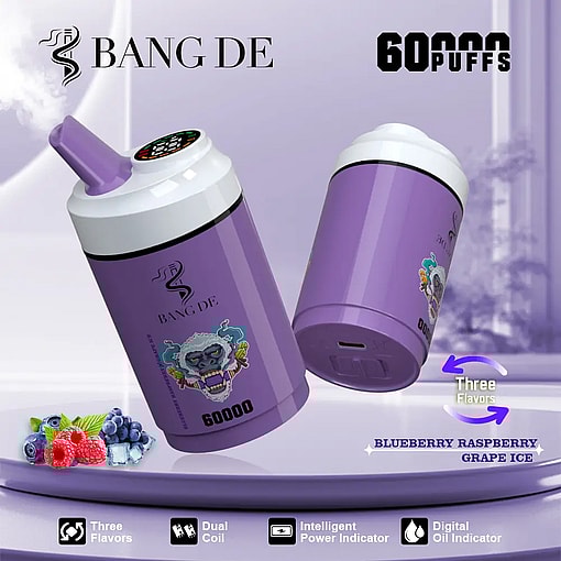 Two purple disposable vape devices with a gorilla face logo and the brand name BANG DE, emitting vapor, placed on a light purple surface with blueberries, raspberries, and ice beside them, highlighted features include 60,000 puffs, three flavors (blueberry, raspberry, grape ice), dual coil, intelligent power indicator, and digital oil indicator.