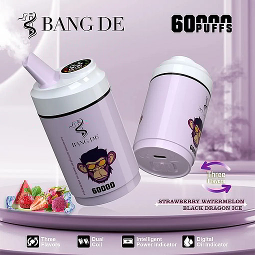 Two lavender-colored disposable vape devices with a stylized monkey face and 'BANG DE' branding, advertised as providing 60,000 puffs with three flavors: strawberry, watermelon, and black dragon ice, on a soft purple background with fruit and ice garnish.