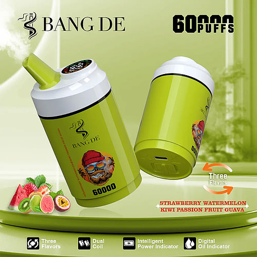 Two green Bang De vape devices with a white top and a digital display, surrounded by images of strawberries, watermelon, kiwi, passion fruit, and guava, promoting 60000 puffs and featuring three flavors, dual coil, intelligent power indicator, and digital oil indicator.