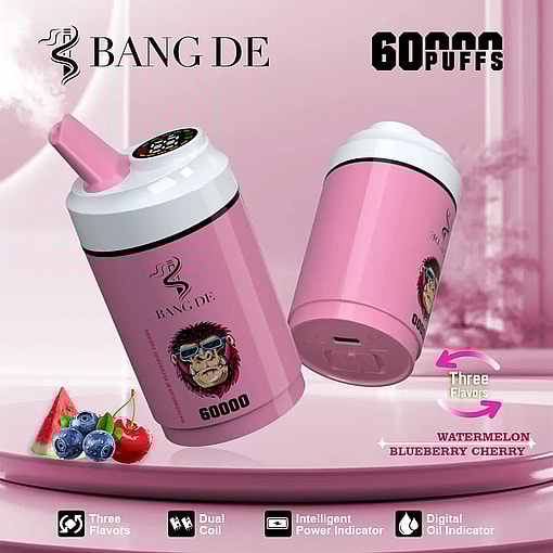 Two pink Bang De vaping devices with a stylized gorilla wearing sunglasses on the label, emitting vapor, showcased with watermelon, blueberries, and cherry to indicate flavors, highlighting 60,000 puffs, three flavors, dual coil, intelligent power indicator, and digital oil indicator features against a pink background.
