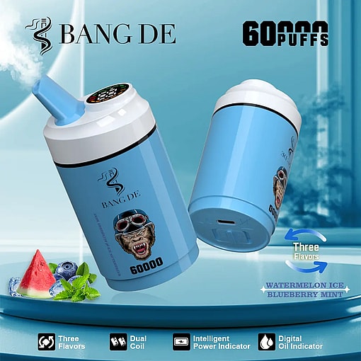 Two light blue cylindrical vaping devices with black and white logos and text, one emitting vapor, placed on a blue circular platform with images of watermelon slice, blueberries, and mint leaves nearby, against a blue gradient background and text indicating 60,000 puffs and three flavors: watermelon ice, blueberry mint.