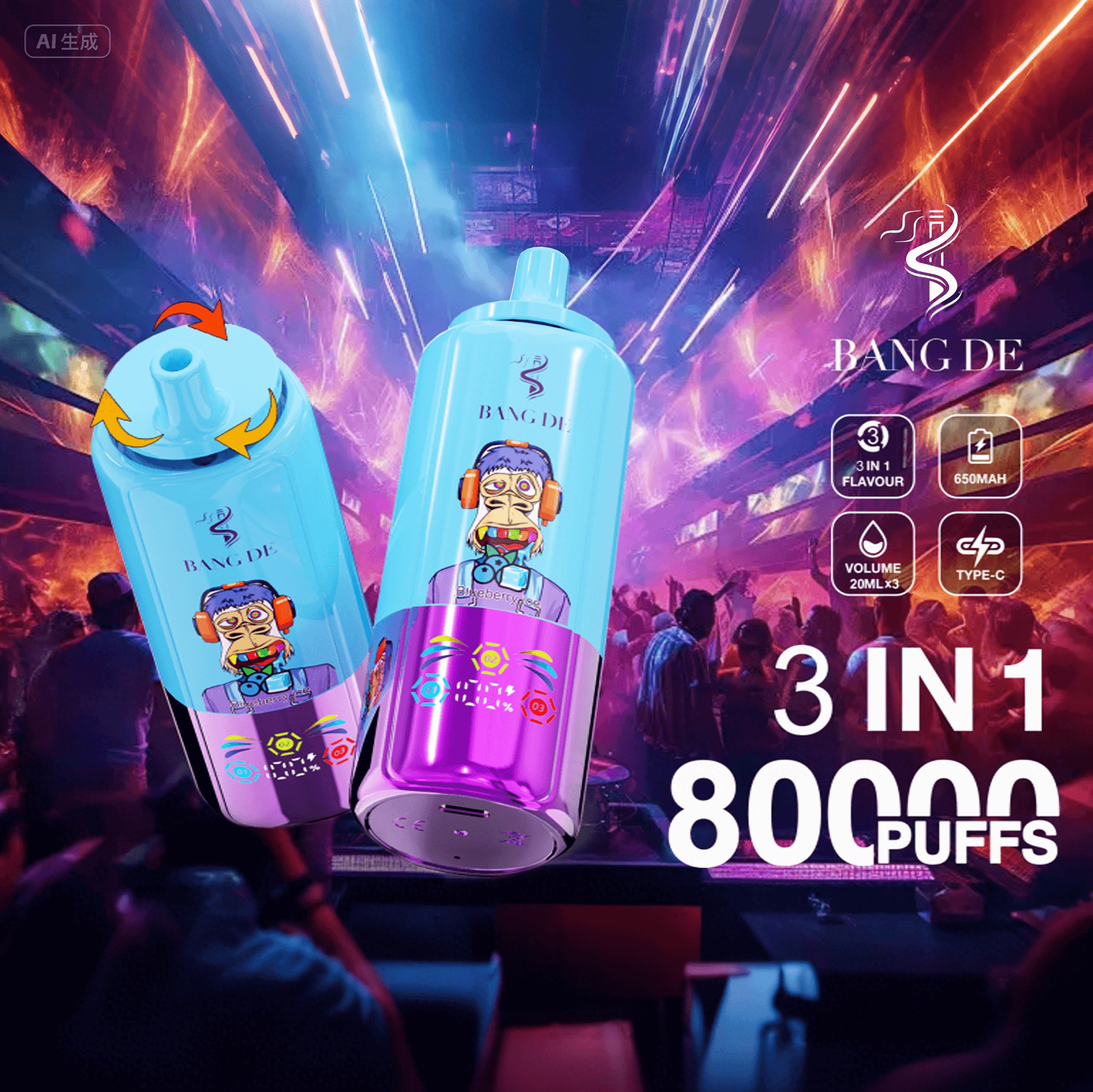 Two blue and purple disposable vape devices with cartoon ape designs floating over a crowded club with colorful laser lights, featuring text highlighting 3-in-1 flavor, 650mAh battery, 20ml volume, Type-C charging, and 8000 puffs