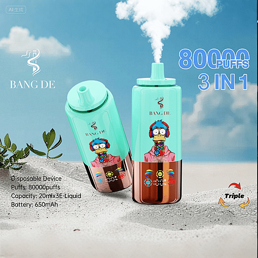 Two turquoise and copper disposable vaping devices with cartoon characters wearing headphones, placed on sandy ground with a backdrop of blue sky and clouds, advertising 80,000 puffs and triple 3-in-1 features.