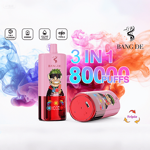 Pink Bang De vaping device with cartoon character design, advertising 3-in-1 flavor, 650mAh battery, 20ml volume per flavor, Type-C charging, and 800,000 puffs, set against colorful blue, pink, and orange smoke background.