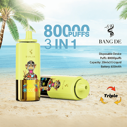 Two yellow disposable vape devices with cartoon monkey designs on a sandy beach with palm trees, next to text describing 80,000 puffs, 3 in 1 capacity, and details of 20ml x 3 e-liquid and 650mAh battery.