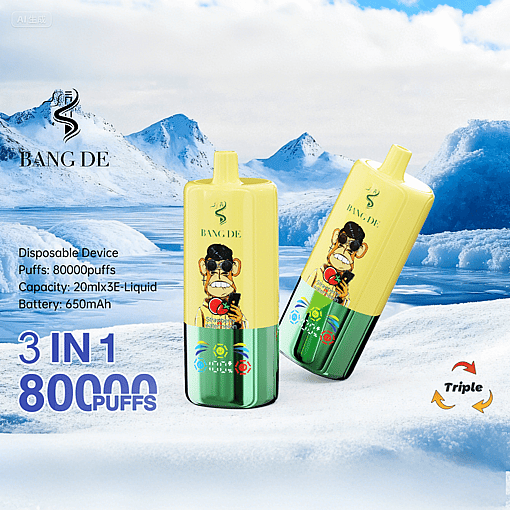 Two yellow and green disposable vape devices with a cartoon ape logo and the brand name BANG DE, displayed against a snowy mountainous background, highlighting features like 80000 puffs, 20ml e-liquid capacity, and 650mAh battery.