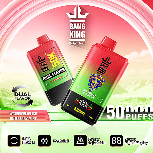 Two red and green gradient vape devices with the Bang King brand, highlighting 50,000 puffs dual flavor of watermelon ice and blueberry mint, set against a stylized mountain background with icons for dual flavor, mesh coil, adjustable airflow, and digital screen display.