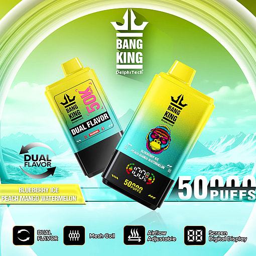 Two yellow-green-black gradient BANG KING vape devices with text highlighting dual flavor of blueberry ice, peach mango, and watermelon, 50,000 puffs, airflow adjustable, mesh coil, and screen digital display against a blue sky and mountain background.