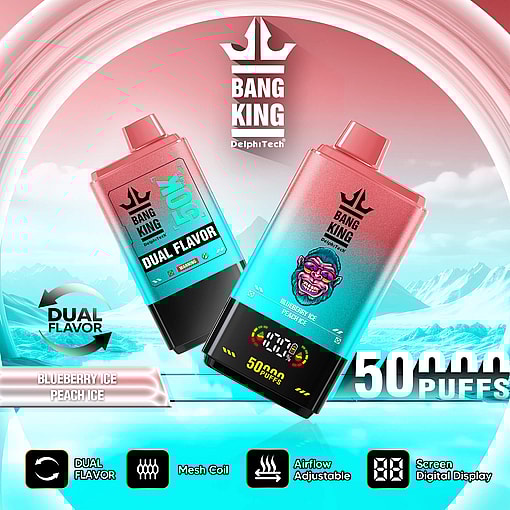 Two Bang King disposable vape devices in gradient blue and pink colors with digital display, featuring dual flavor options Blueberry Ice and Peach Ice, floating against a blue and pink icy mountain background with branding and feature icons for dual flavor, mesh coil, adjustable airflow, and digital screen display.