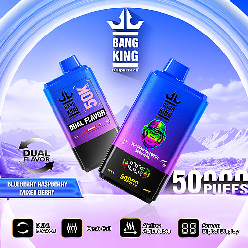 Two blue and purple gradient disposable vape devices labeled Bang King with dual flavor blueberry raspberry mixed berry, showing 50K puffs, depicted against a light blue sky and snow-capped mountains background, highlighting features like mesh coil, adjustable airflow, and digital display.