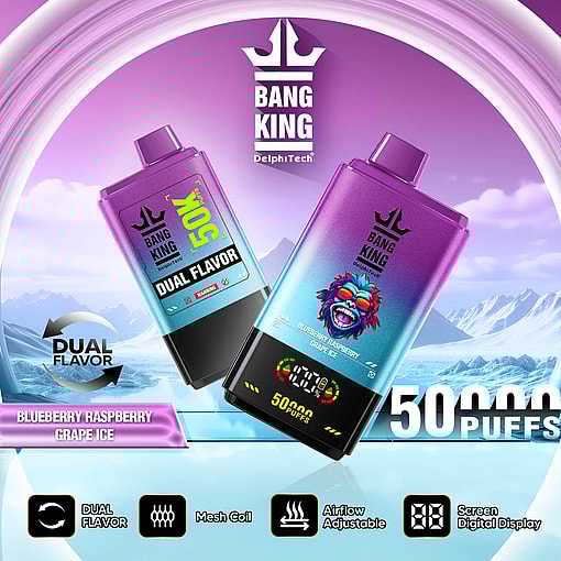Two purple and blue gradient vape devices labeled Bang King by Delphi Tech, featuring a dual flavor of blueberry raspberry grape ice, with 50,000 puffs and digital display, set against a snowy mountain background with airflow and mesh coil icons.