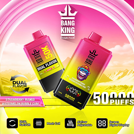 Two pink and yellow gradient vape devices with black bottoms labeled Bang King by DelphiTech, featuring dual flavors of strawberry mango and watermelon bubble gum, with a digital puff count display of 50,000 puffs, set against a vibrant yellow and pink mountainous background with product features icons below.