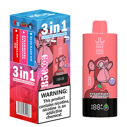 Disposable vape device and packaging with a pink monkey image blowing a bubble gum bubble, labeled Bang King Vape strawberry watermelon flavor with 3 adjustable flavors: watermelon ice, strawberry watermelon, and blue razz ice, containing 85 puffs and a warning about nicotine addiction.