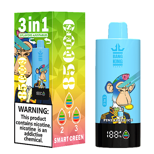 Blue Bang King vape device with pineapple ice flavor featuring a monkey character wearing a colorful mohawk and suit, shown next to its green and yellow gradient packaging with warnings, 3 adjustable flavors, and smart screen indicator.