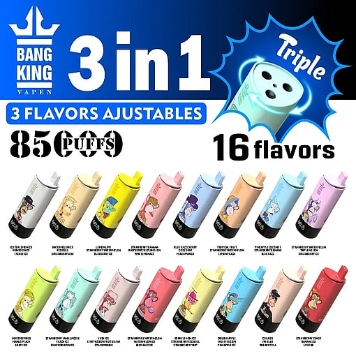 Promotional image featuring Bang King Vapen disposable vape devices, highlighting '3 in 1' with '3 flavors adjustable' and 'Triple' flavor options, supporting 850 puffs and 16 flavors; shows two rows of colorful vape devices each with distinct cartoon character designs and flavor names such as Ice Tea Lemonice, Watermelon Ice, Lemonlime, Strawberry Banana, Blue Razz Cherry, Tropical Fruit, Pineapple Coconut, Strawberry Watermelon, Mixed Berries Mango Peach, Strawberry Vanilla Coke, Lychee, Strawberry Watermelon Blue Razz Ice, Berry Lemon Ice, Double Apple, Cola Ice, and Strawberry Donut Banana Ice Love Ice.