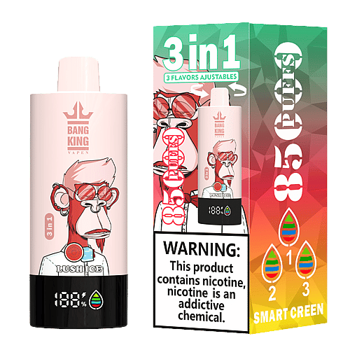 Bang King Vape device with cartoon monkey wearing red sunglasses on the body, showing 3 in 1 adjustable flavors and 185 puffs, next to colorful packaging with same monkey image, nicotine warning, and 3 flavor indicators numbered 1, 2, 3