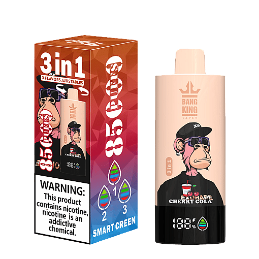 Disposable vape device and its packaging, featuring a cartoon monkey wearing a black cap and sunglasses, labeled 'Bang King Vapen' and '85 Cuotas', with cherry cola flavor and nicotine warning on the box.